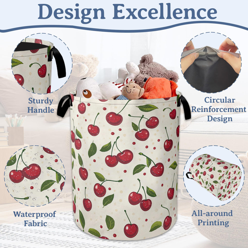Cute Cherry Laundry Basket,Foldable Oxford Cloth Laundry Hamper With Handle, 20.8"x16" Portable Clothes Storage Basket Bag for Laundry Room/Bathroom/Bedroom/Dormitories
