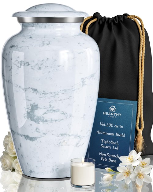 Large Handcrafted Urn for Ashes Adult Male and Female - Cremation Urns for Human Ashes Adult Man and Woman - Decorative Funeral Urns - Memorial Urn with White Marble Finish - Large (10.5" H x 6.25" W)