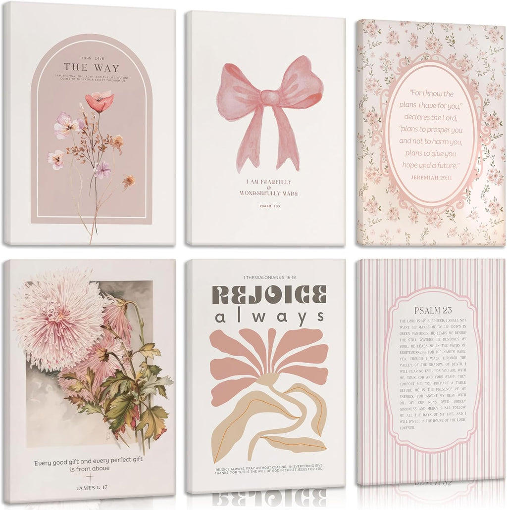 Skiennix 6-Piece Pink Christian Wall Art Set - Boho Floral Bible Verses Canvas Decor for Bedroom & Dorm