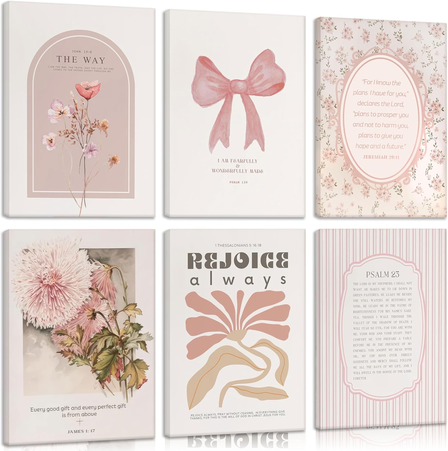 Skiennix 6-Piece Pink Christian Wall Art Set - Boho Floral Bible Verses Canvas Decor for Bedroom & Dorm