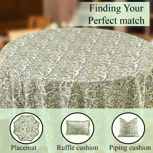 CPC Round Tablecloth- Cotton Indian Block Print Tablecloth -Handmade Printed Washable Cotton Table Cloth - Spring/Summer, Wedding Table Cover - Agate Green 72 Inch