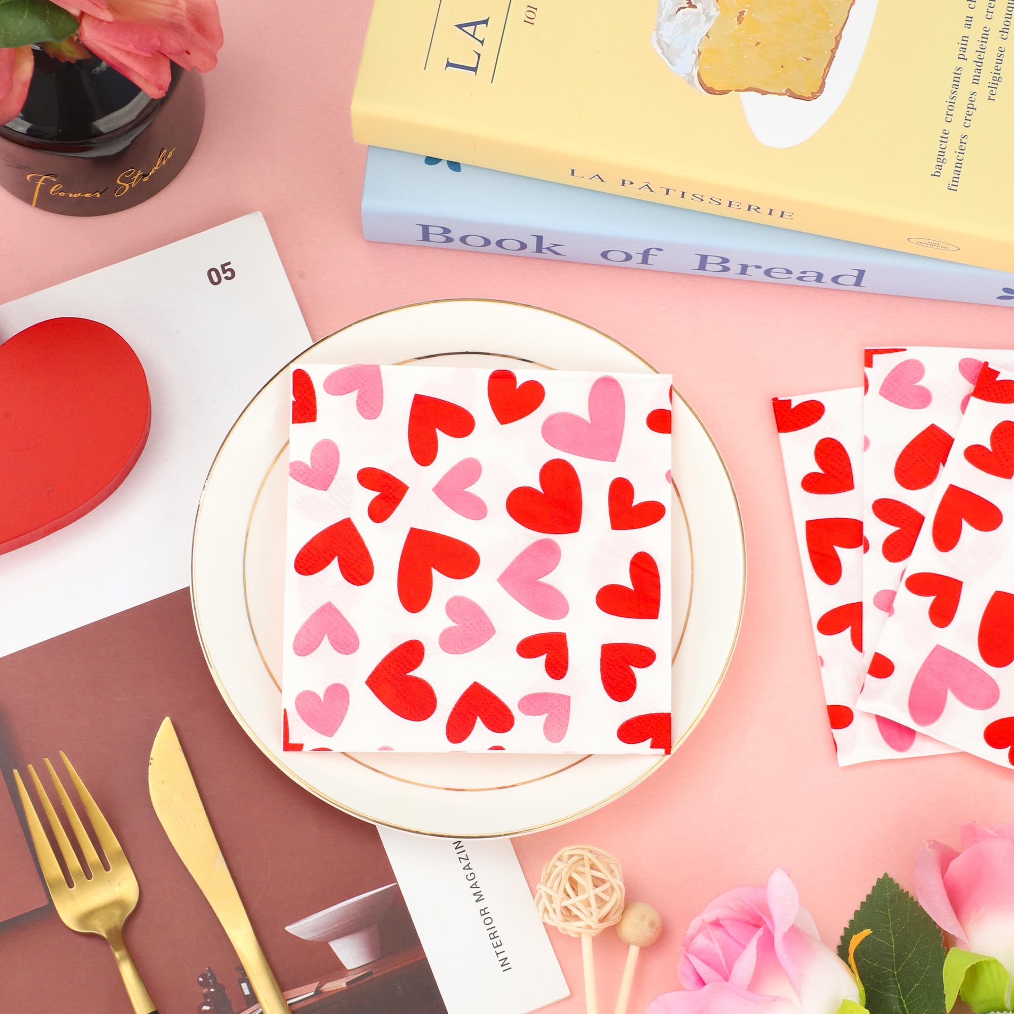 100 PCS Valentines Day Cocktail Napkins 5'' x 5'' Love Heart Disposable Paper Napkins 3 Ply Red Pink Heart Beverage Napkin for Valentines Wedding Anniversary Birthday Party Supplies Dinner Table Decor