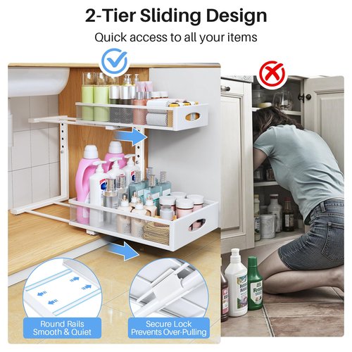 Under Sink Organizer, 2 Pack 2 Tier Pull Out Under Cabinet Organizer Shelf with Pad for Framed Cabinets, Metal Slide Out Under Sink Storage, Mesh Sliding Drawers for Kitchen Bathroom Laundry, White