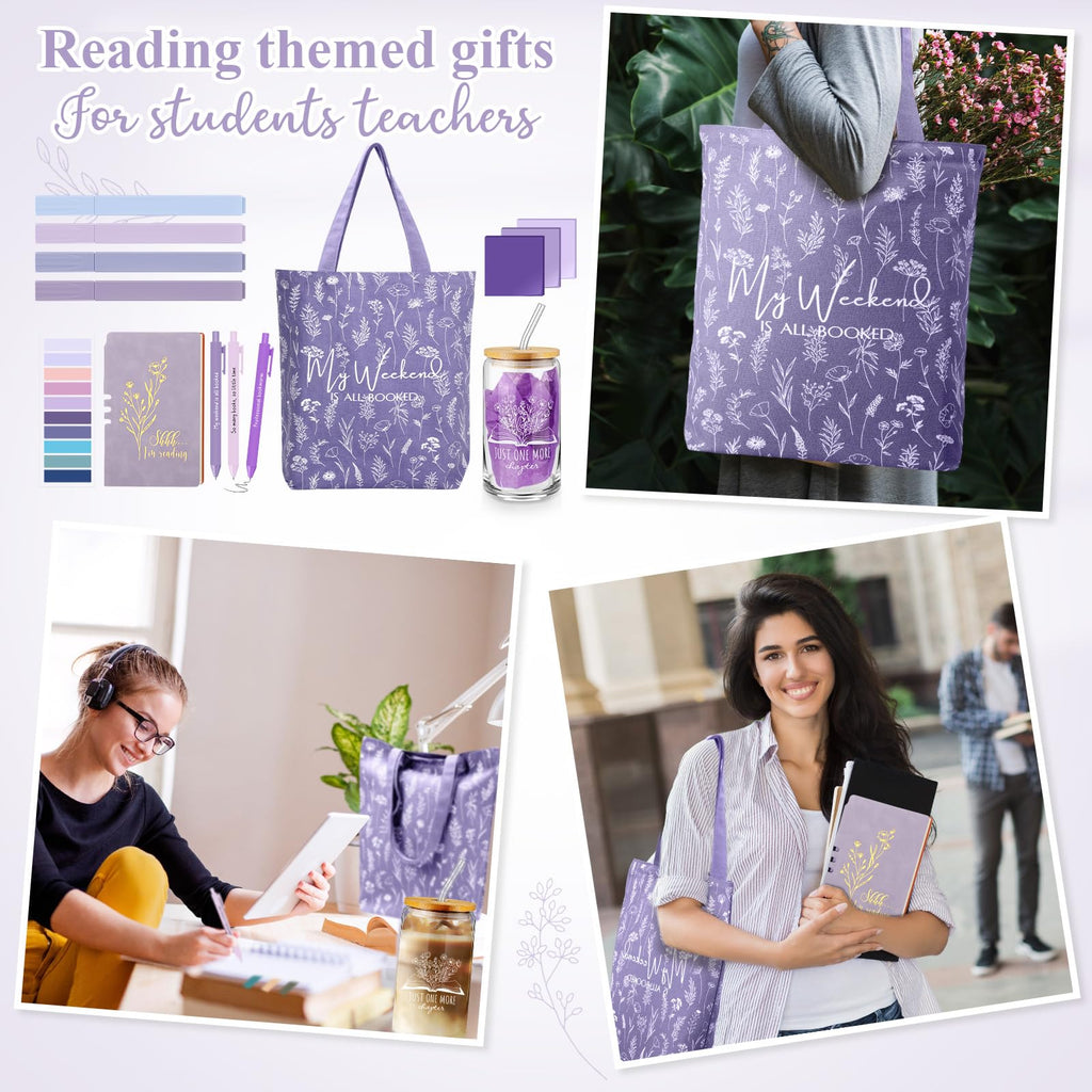 Havawish 14 Pcs Book Lovers Gifts for Women 16 oz Glass Cup Tote Bag A6 Journal Notebook Ballpoint Pens Highlighters Sticky Notes for Library Reader Bookworm Book Club(Purple,Aesthetic)