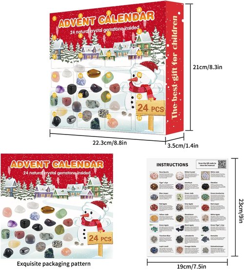 Crystal Advent Calendar 2025 - Gemstone Countdown Calendar with 24 Natural Minerals & Rocks for Kids