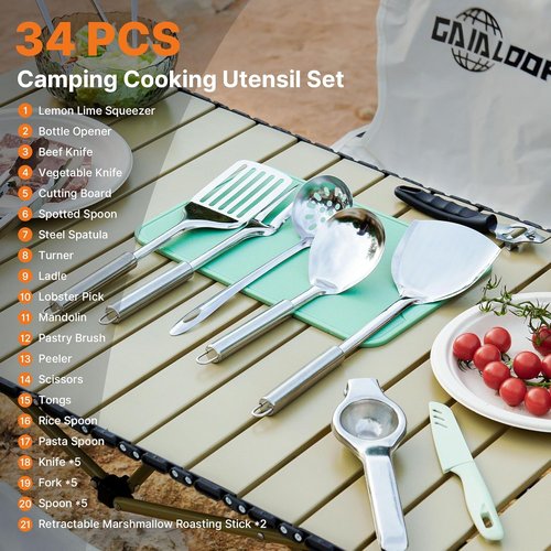 Gaialoop Portable Camping Cooking Utensils Set - Essential RV Kitchen Kit with Organizer Bag for Outdoor Adventures
