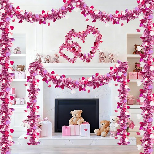 50FT Valentine's Day Decorations,Valentines Heart Garland Pink Purple Valentines Day Tinsel Garland Twist Metallic for Home Room Mantel Stairs Door Outdoor Indoor Wedding Valentine's Day Decor