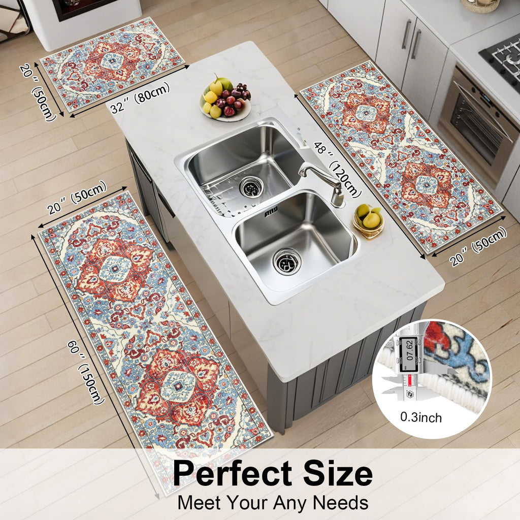 HEBE Farmhouse Kitchen Rugs Sets of 3 Non Slip Washable Boho Kitchen Rugs and Mats for Floor Kitchen Runner Rug Floor Carpet for Kitchen, Laundry, Hallways