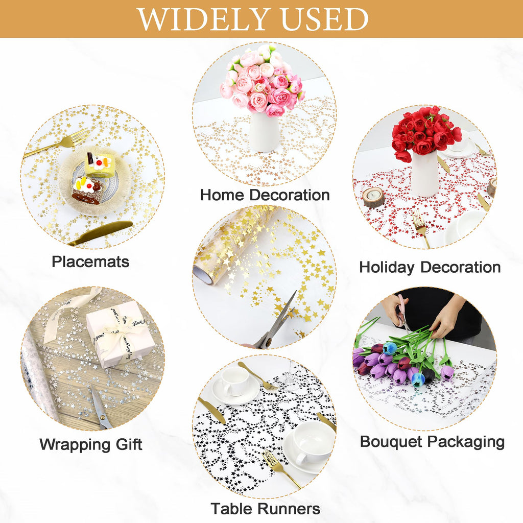 YATOJUZI Gold Table Runner Easter Table Decorations, 16 Ft Golden Star Sheer Chiffon Tulle Table Runners, Sequin Glitter Metallic Gold Foil Centerpiece for Wedding Anniversary Birthday Party