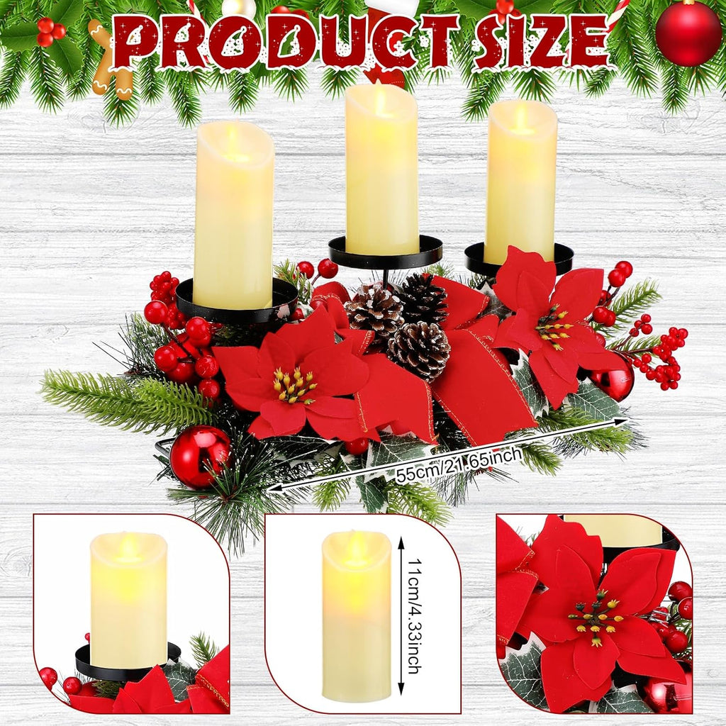 Regine Switzerland Christmas Centerpiece - 3 Candle Holders with LED Candles & String Lights | Poinsettia Red Buffalo Plaid Decor