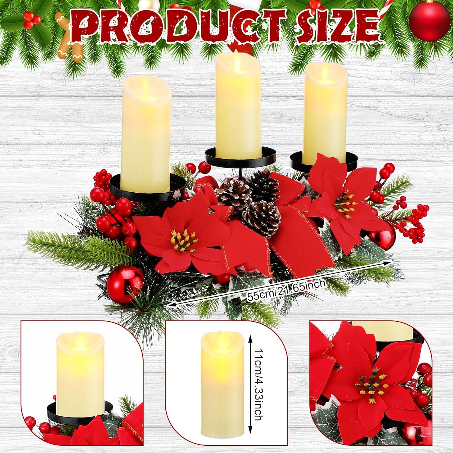 Regine Switzerland Christmas Centerpiece - 3 Candle Holders with LED Candles & String Lights | Poinsettia Red Buffalo Plaid Decor