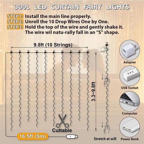 HXWEIYE 300LED Fairy Curtain Lights - 9.8x9.8Ft USB Plug-In with 8 Modes | Warm White Indoor Decor - 2 Pack