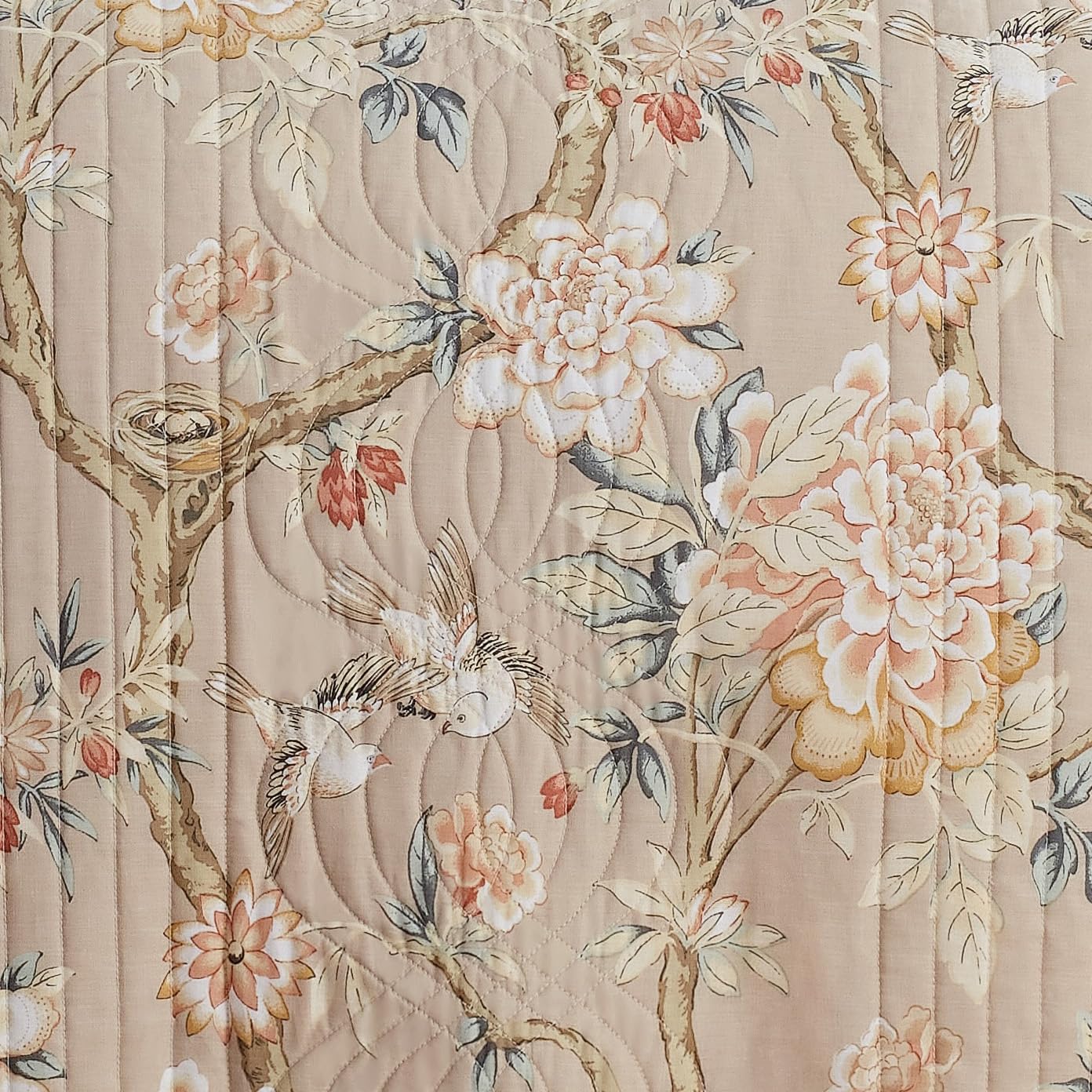 Waverly Peony Gardens 4 Piece Cotton Quilt Set, Embellished All Season Bedding, Includes One Quilt, One Bed Skirt and Two Pillow Shams, Machine Washable King Bed Set, Taupe