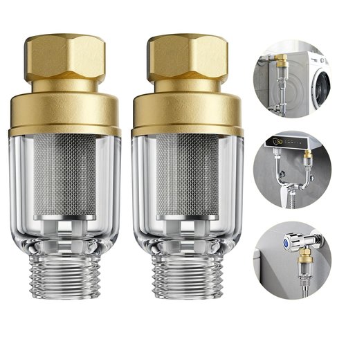 Loscarol Brass Sediment Filter, Reusable Washing Machine Water Filter, 50 Micron, Anti Scale, Anti Clothes Yellow, Traps Rust/Mud/Sand, Mini, Portable-2Pack