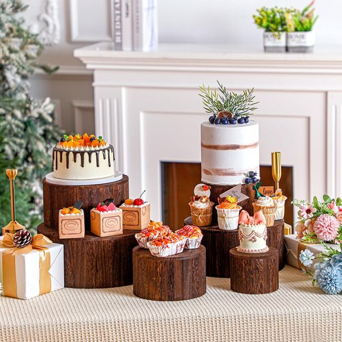 Domensi 6 Pcs Wood Display Risers Cupcake Stand Brown Rustic Wood Cake Stands Wooden Stackable Display Box for Dessert Wedding Birthday Baby Shower Christmas Village Party Decoration