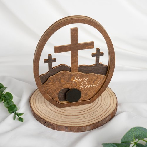 He is Risen Gifts for Adults, Easter Decor Resurrection Scene Empty Tomb, Christian Table Decorations Indoor, Catholic Cross Jesus Religious Easter Gifts Decor (Walnut Wood)