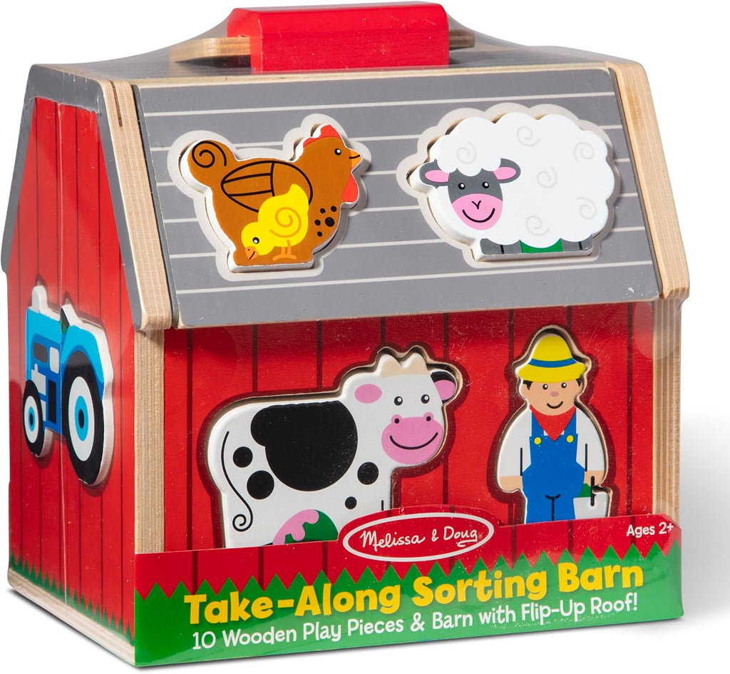 Melissa & Doug Take-Along Wooden Toy Barn - 11-Pc Portable Playset with Farm Animals & Pop-Up Roof for Toddlers 2+