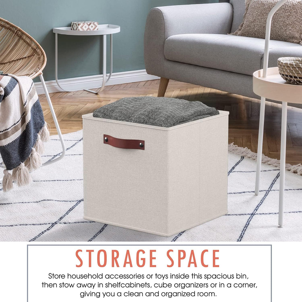 Ornavo Home Storage Cube Bins - Foldable Fabric Organizer with Leather Handles | 13x13, Beige, 6 Pack