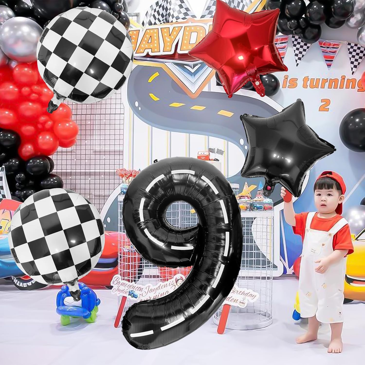 Race Car 9 Balloon - 40 Inch Checkered Star Balloon for Boys' 9th Birthday Party Supplies