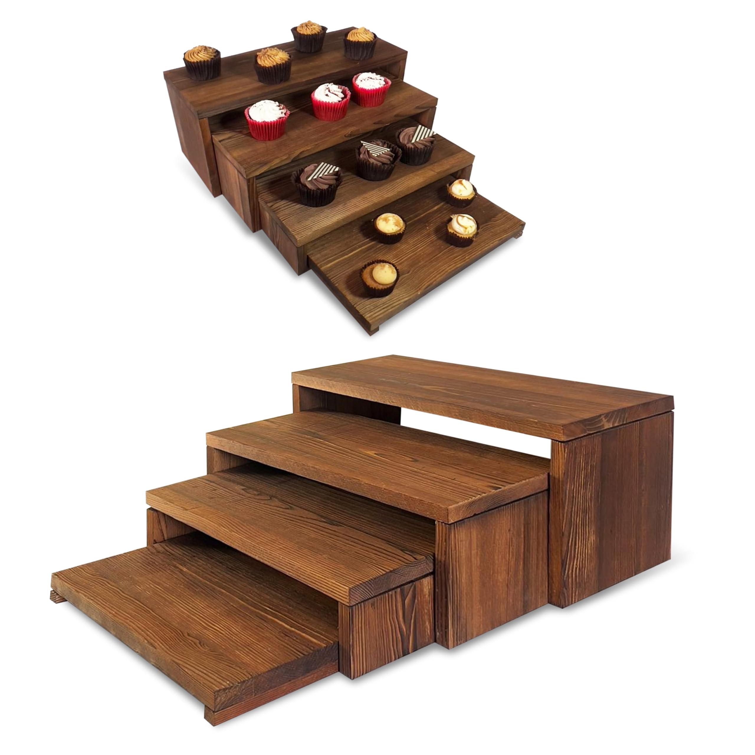 Living By Design LONDON 4-Tier Ultra Wide Wooden Display Stand, Wood Riser for Table Display, No Tools Required, Easy to Assemble, Durable Wood Stands for Dessert Table & Home Deco