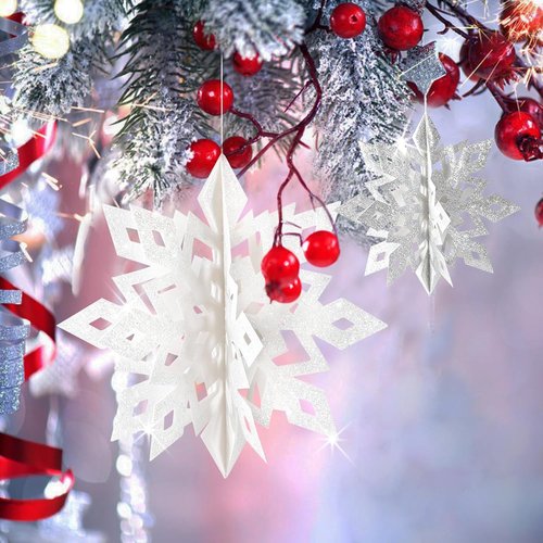 GuassLee 15-Piece 3D Glitter Snowflake Decorations - White & Silver Paper Garland for Winter Wonderland Parties