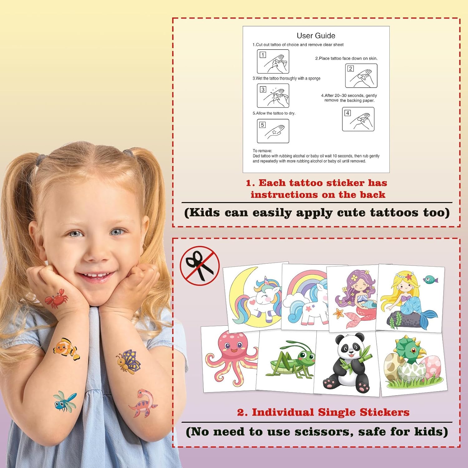 Skiennix 104 PCS Kids Temporary Tattoos - Fun Dinosaur, Unicorn & Mermaid Designs for Birthday Parties