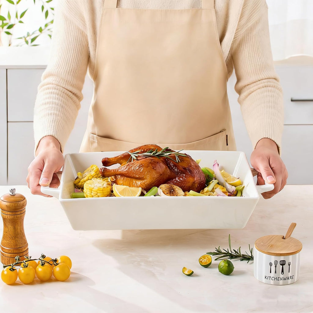 Regine Switzerland 4.6 Qt Large Rectangular Ceramic Baking Dish - 14x10 Inch Casserole Pan with Handles for Oven, Microwave, and Dishwasher Safe Use
