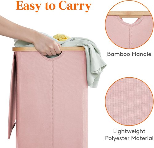Lifewit 100L Laundry Basket - Foldable Hamper with Lid & Bamboo Handles | Pink, Removable Bag Included