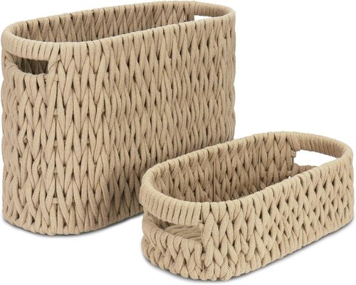 Boho Bathroom Organizer | Cotton Rope Toilet Paper Storage Baskets - Set of 2 for 6 Mega Rolls (Brown)