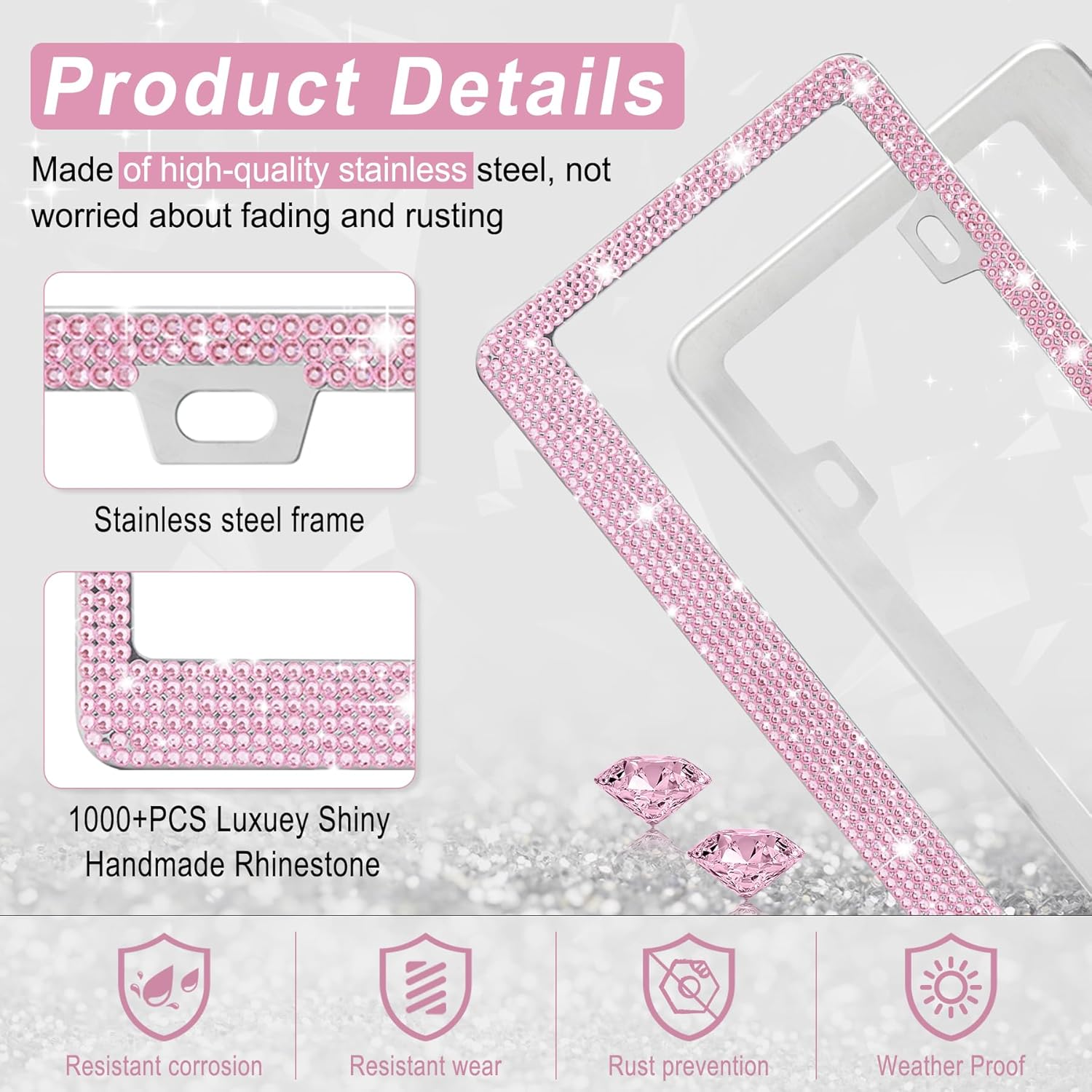 Amiss Bling License Plate Frame - Handcrafted Rhinestone Crystal Car Accessories | 2-Pack, Pink