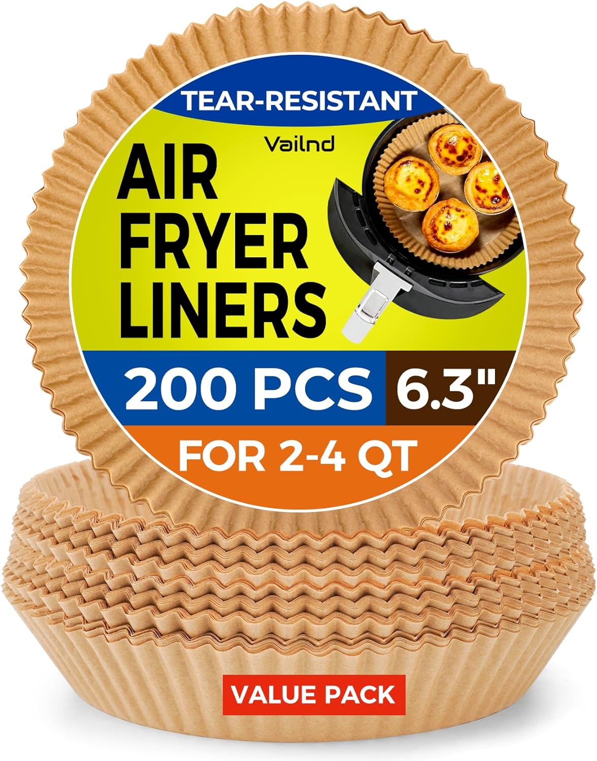Vailnd Disposable Air Fryer Liners - 200 PCS Non-Stick 6.3" Baking Paper for Ninja AF101 & 2-4 QT Baskets