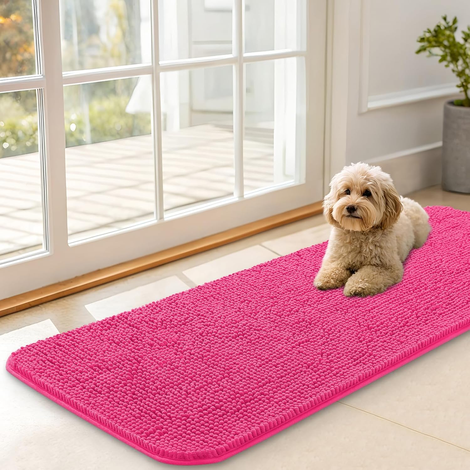 OLANLY Dog Door Mat - Absorbent Non-Slip Chenille for Muddy Paws | 47x17 Inches, Quick Dry, Hot Pink