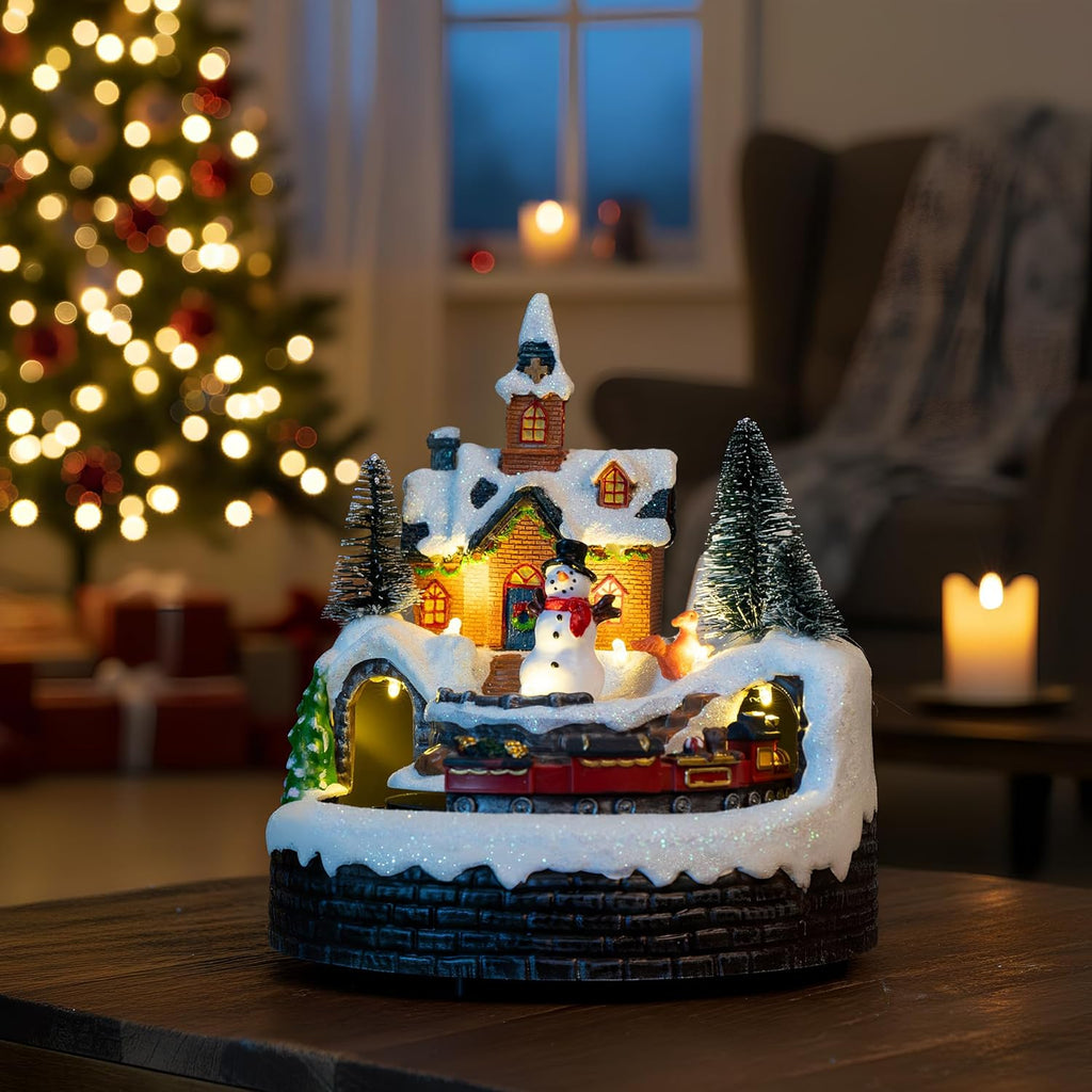 Skiennix Animated Musical Christmas Village Figurines - LED Lights & Rotating Train | Holiday Home Decor