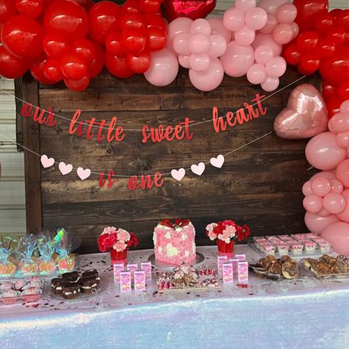MUWEOL Our Little Sweet Heart Is One Glitter Banner - Valentine's Day Theme First Birthday Party Banner,Our Little Sweet Heart Is One Birthday Decoration (sweet heart banner)