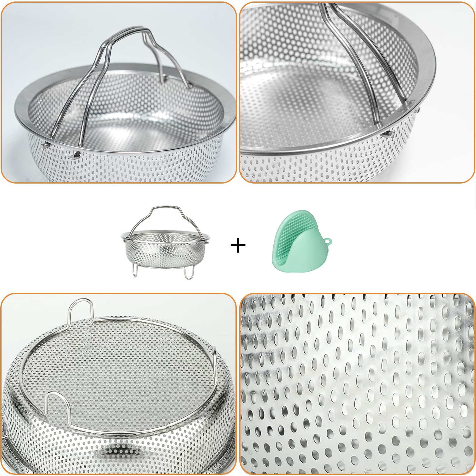 ICEICE Stainless Steel Steamer Basket - Vegetable & Dumpling Steamer Insert for Pots, Instant Pot Accessories with Handles & Feet, Multi-Purpose Mesh Strainer for Cooking, Fruits (Silvery, Large)