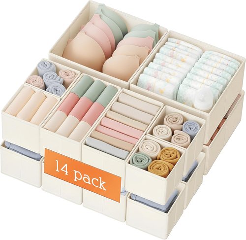 Criusia Drawer Organizer - 14 Pack Dresser Storage Bins for Baby Clothes & Underwear | Foldable Beige Design