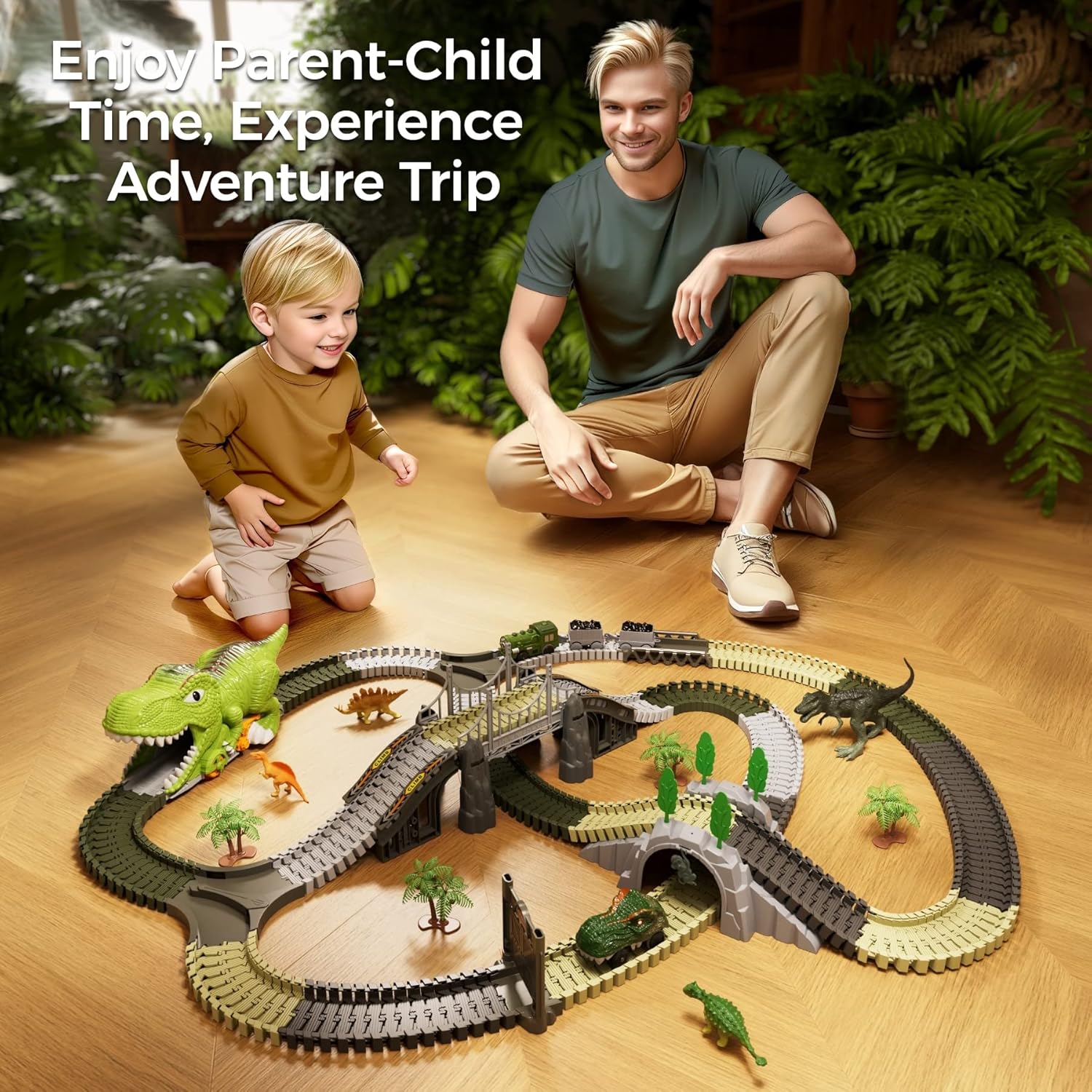 TUMAMA Dinosaur Train Set - 281 Pcs Flexible Race Track with 4 Dinosaur Figures & 2 Electric Cars for Kids 3-7