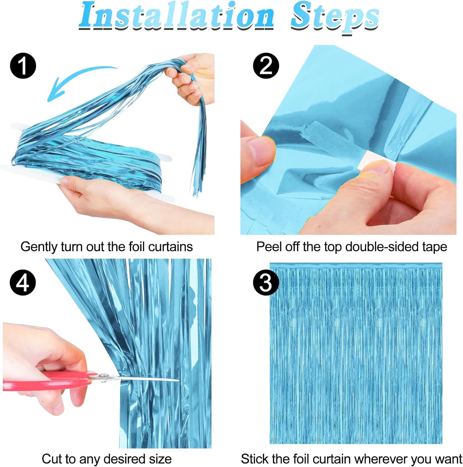 Skiennix Blue Foil Streamers - 4 Pack Metallic Sky Blue Backdrop Fringe Curtains | 3.28 FT x 7.05 FT Birthday & Winter Party Decor