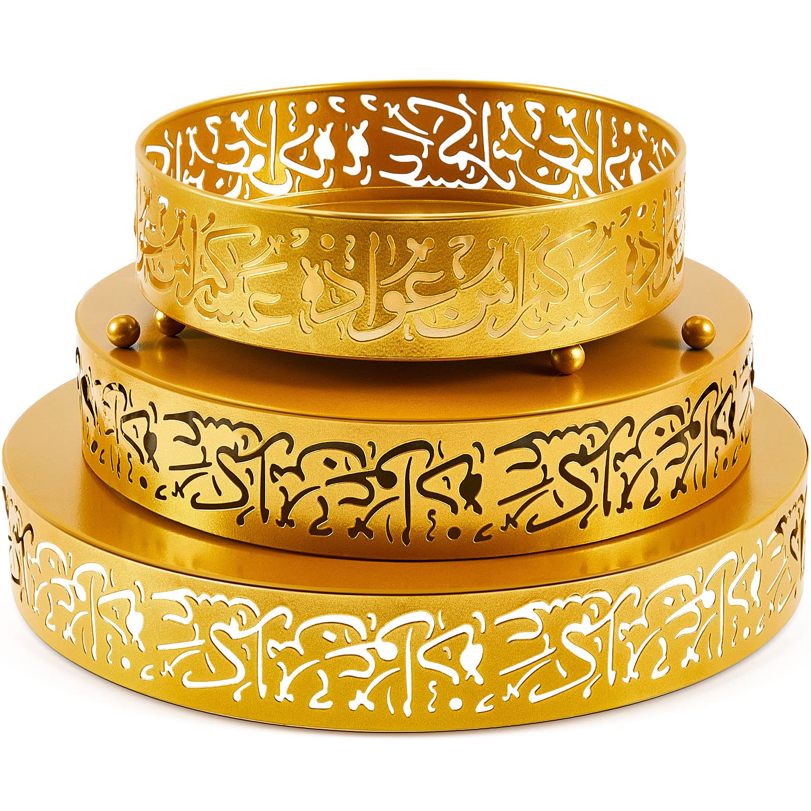 Ramadan Serving Trays - 3 Pieces Iron Gold Round Platter, 3 Sizes Eid Candy Dish, Muslim Pastry Snacks Dessert Holder for Ramadan Mubarak Party Supplies Home Decor