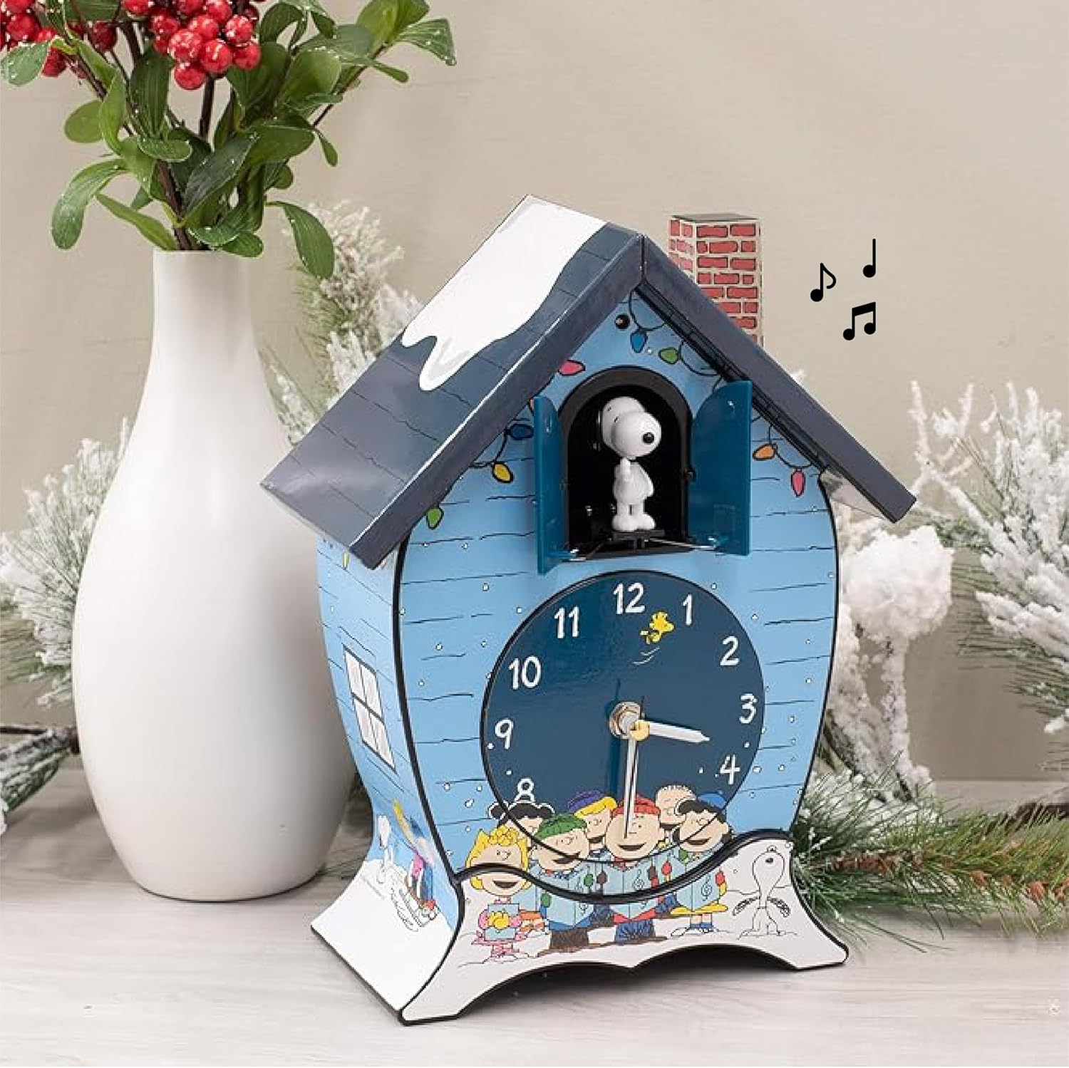 Mark Feldstein Peanuts Gang Holiday Cuckoo Clock - Icy Blue, 17-Inch Decorative Timepiece