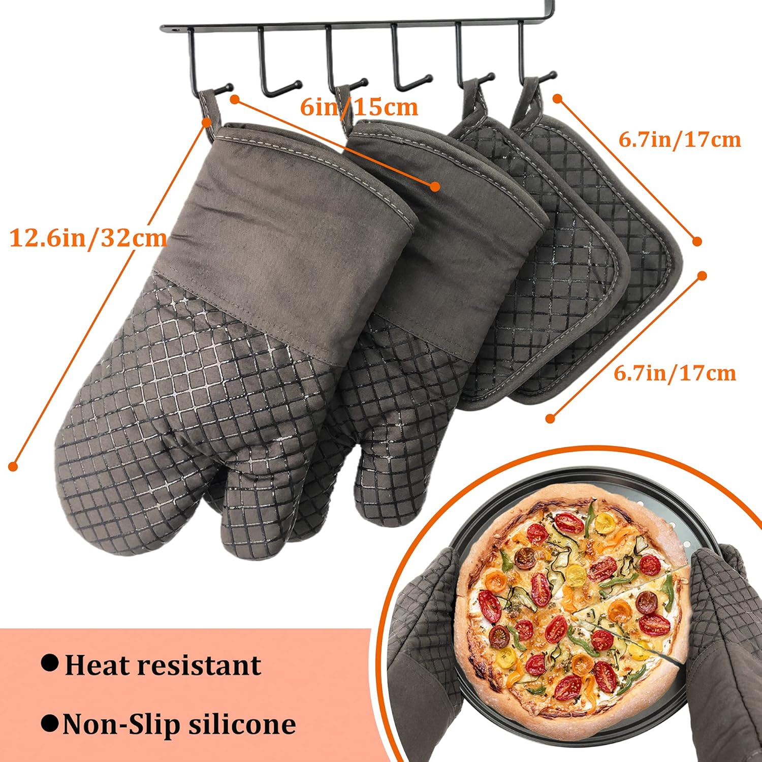 Skiennix Oven Mitts Set - 4 Pcs High Heat Resistant Kitchen Mitts & Pot Holders | Grey