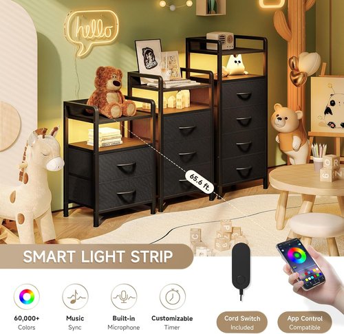 Lazzanto Night Stand | Modern Bedside Charger with LED Light Strip & Storage Drawers - USB Ports & AC Outlets