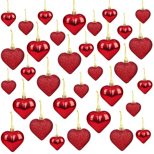 36Pcs Valentine's Day Heart Ornaments, 2 Size Heart Shaped Valentine Ornaments for Tree, Red Glitter Baubles, Anniversary Romantic Valentine's Day Tree Hanging Decorations