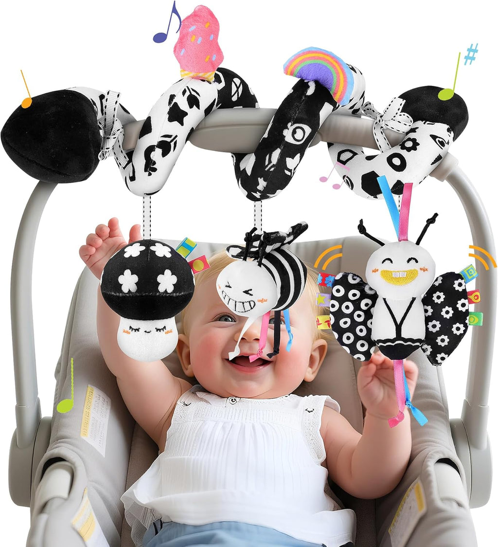 Skiennix Spiral Car Seat Toys - High Contrast Black & White Sensory Plush Toy for Babies 0-6 Months