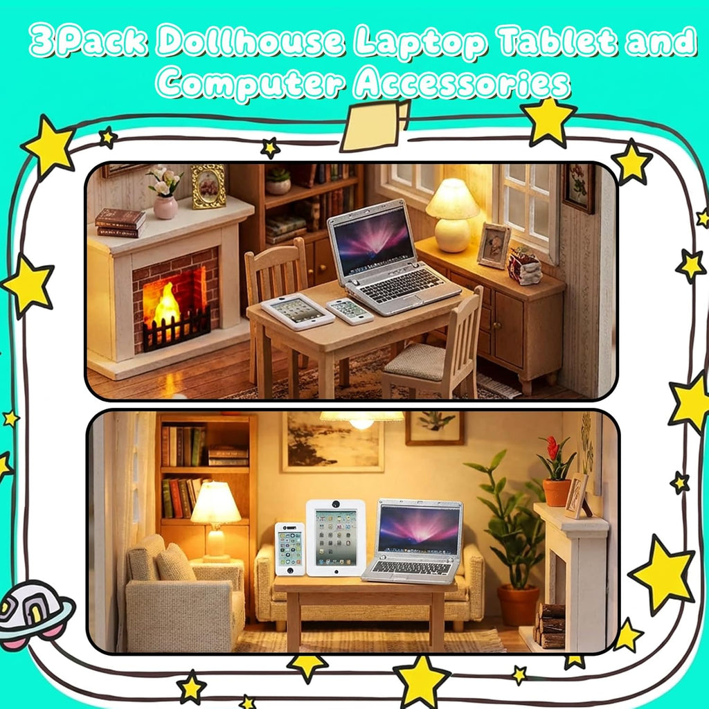 Skiennix Mini Laptop & Tablet Set - 3 Pack Dollhouse Computer Accessories for 1/6 & 1/12 Scale Silver
