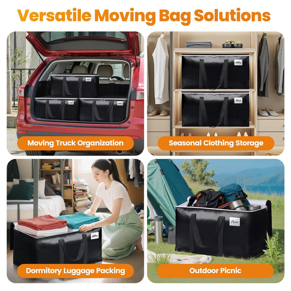 StoreHappily Heavy-Duty & Extra Capacity Moving Bags with Backpack Straps, Storage Totes with Double Zipper & Strong Handles, Packing Bags Alternative to Moving Boxes, Moving Supplies (6 Pack, Black)