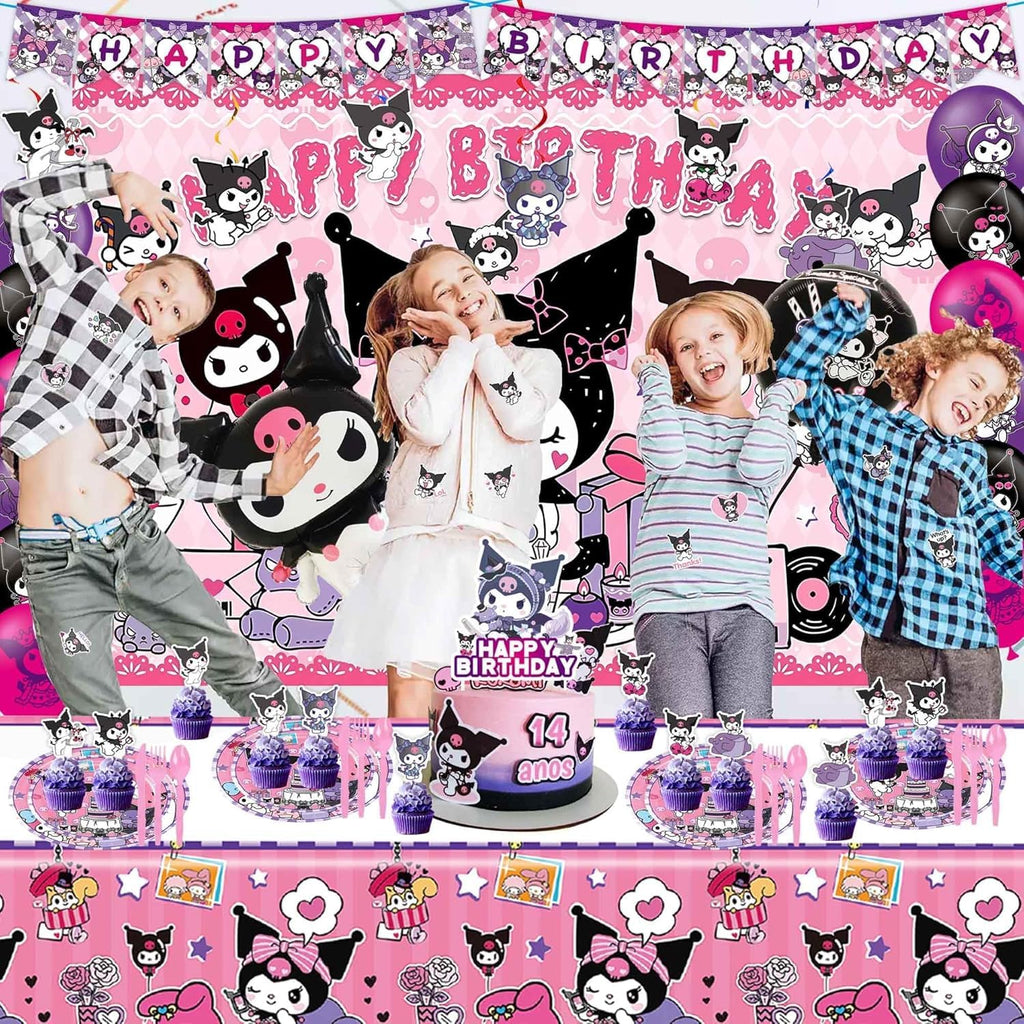 121Pieces Kuromi Birthday Party Decorations, Kids Cute Cartoon Party Supplies Include Happy Birthday Banner, Balloons, Tablecloth, Plates, Cupcake Toppers for Girls,Backdrop,
