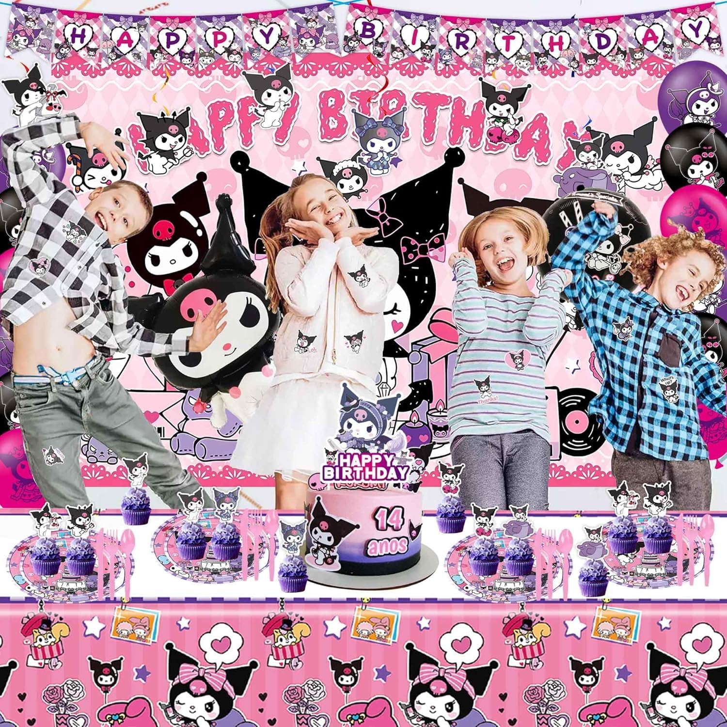 121Pieces Kuromi Birthday Party Decorations, Kids Cute Cartoon Party Supplies Include Happy Birthday Banner, Balloons, Tablecloth, Plates, Cupcake Toppers for Girls,Backdrop,