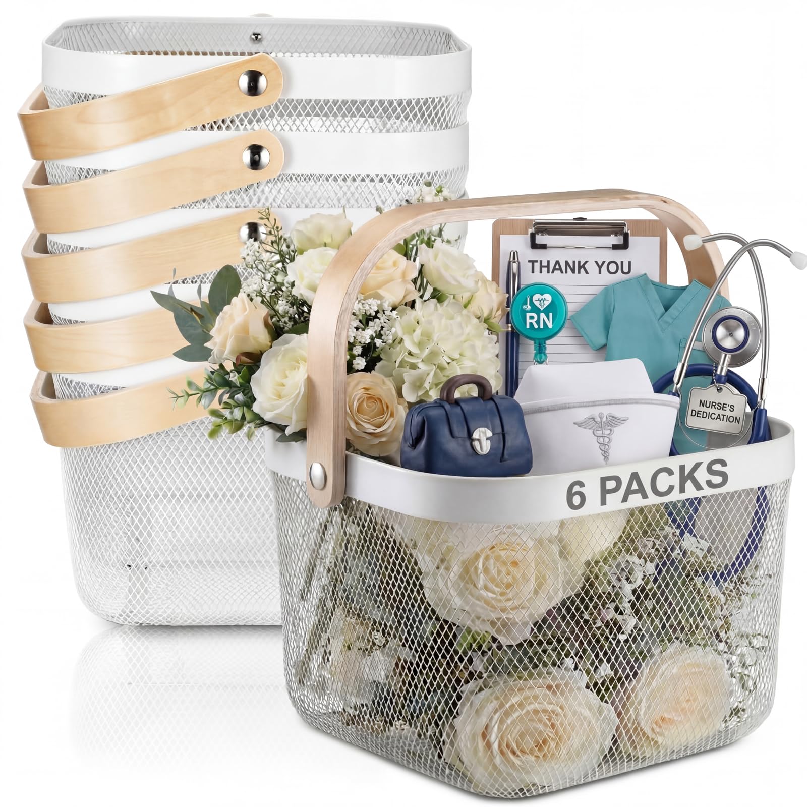 Roshtia White Metal Wire Storage Basket with Wooden Handle 9.65 x 9.65 x 7.09 Inch, Decorative Gift Basket for Wedding, Nurse Appreciation Week, Bathroom Kitchen Organizer, Farmhouse Storage Bin