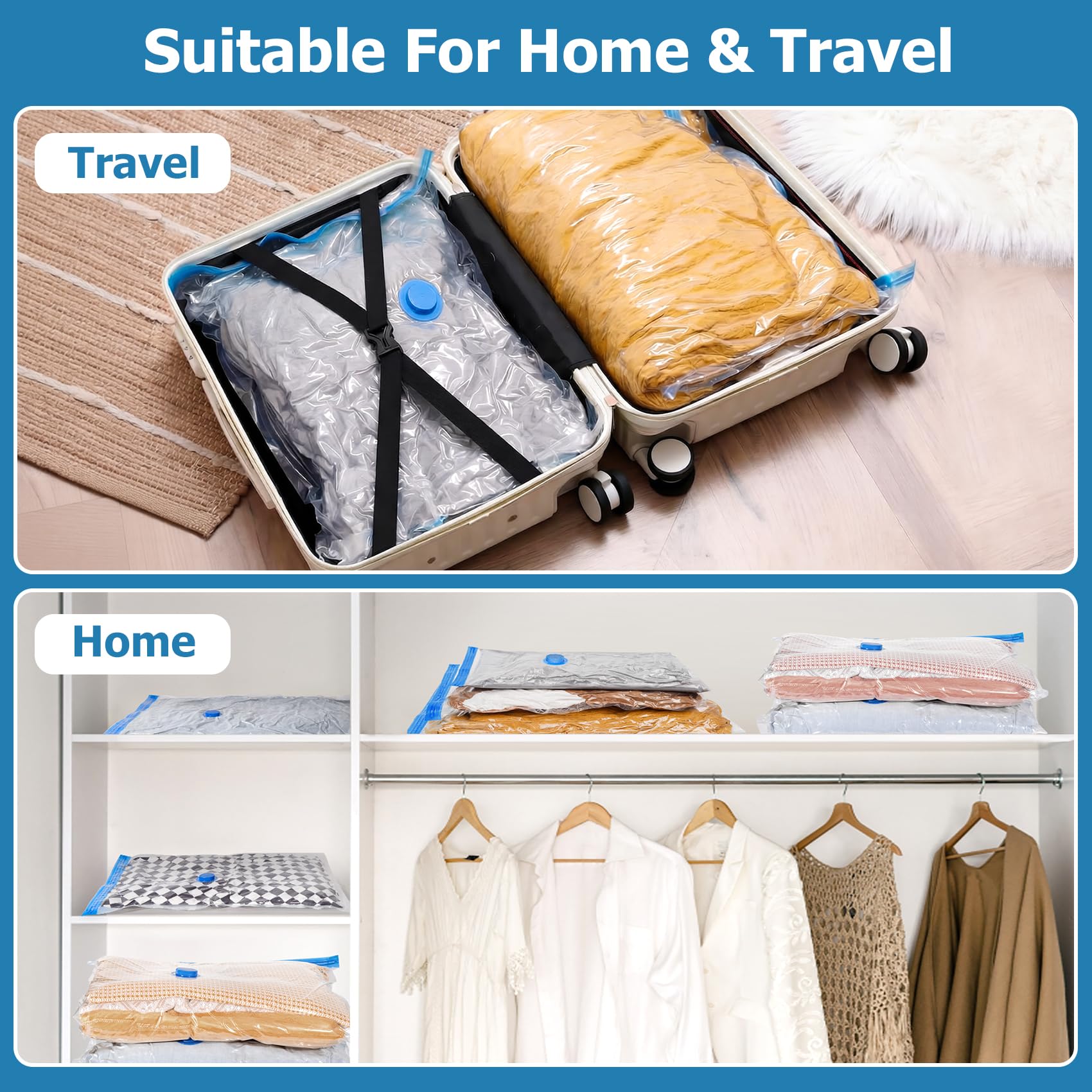 Vacuum Seal Bags for Clothing Travel with Rechargeable Air Pump, 12 Pack of 4 Carry-on Size Space Saver Vacuum Storage Bags, Compression Packing Bags for Luggage Suitcase for Closet Organization